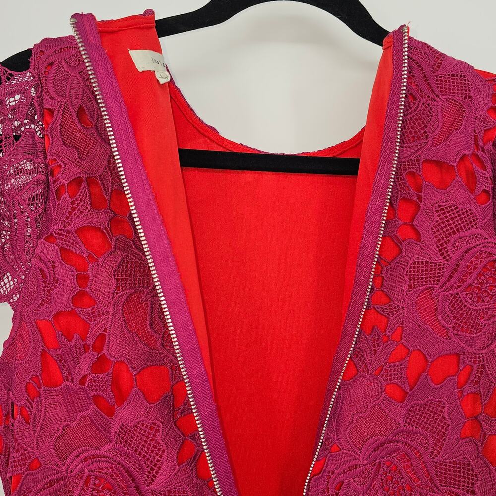 Just Me Red Magenta Floral Embroidered Lace Cap Sleeve Cocktail Party Dress S - Picture 7 of 8